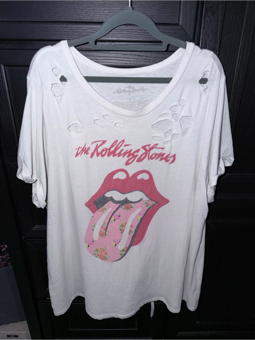 the Rolling Stones White Short Sleeve Tee with Pink Floral Tongue Graphic